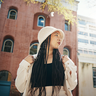 Buy stock photo Woman, travel and gen z fashion in city with thinking and freedom from urban adventure in New York, African female teenager relax, streetwear clothes and outdoor on a journey in town on a trip