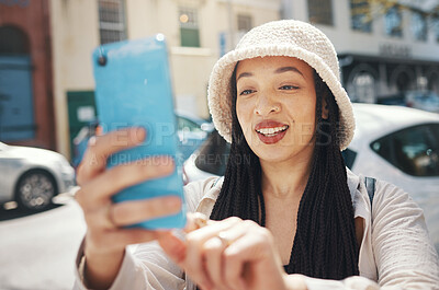 Buy stock photo Happy woman on city street with phone, travel blog and live streaming for social media post on holiday. Influencer, streamer or gen z girl with urban fashion, smartphone and smile for content creator