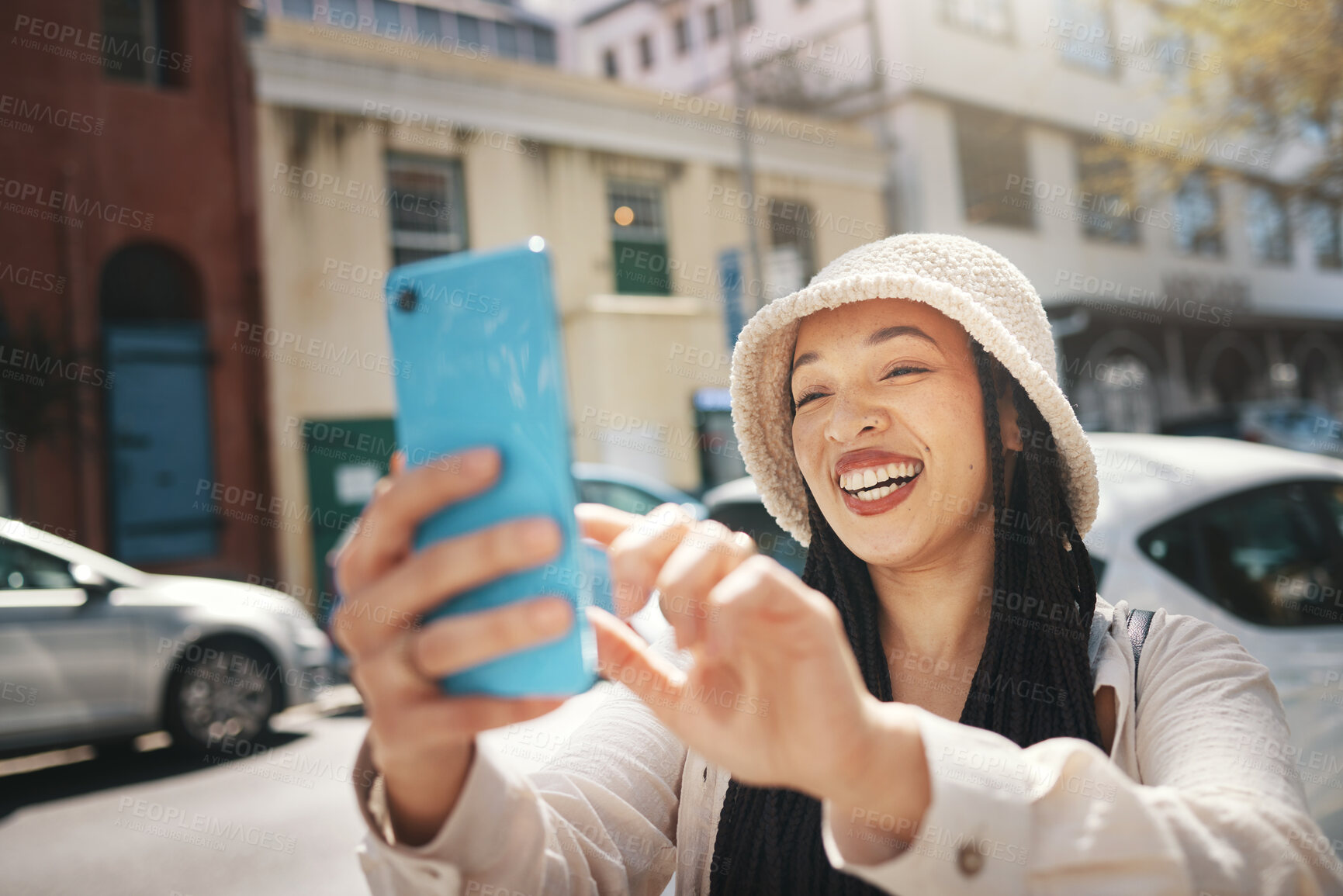 Buy stock photo Happy woman on street with phone, live streaming in city and travel holiday blog for social media post. Influencer, streamer or gen z girl with urban fashion, smartphone and smile in content creation