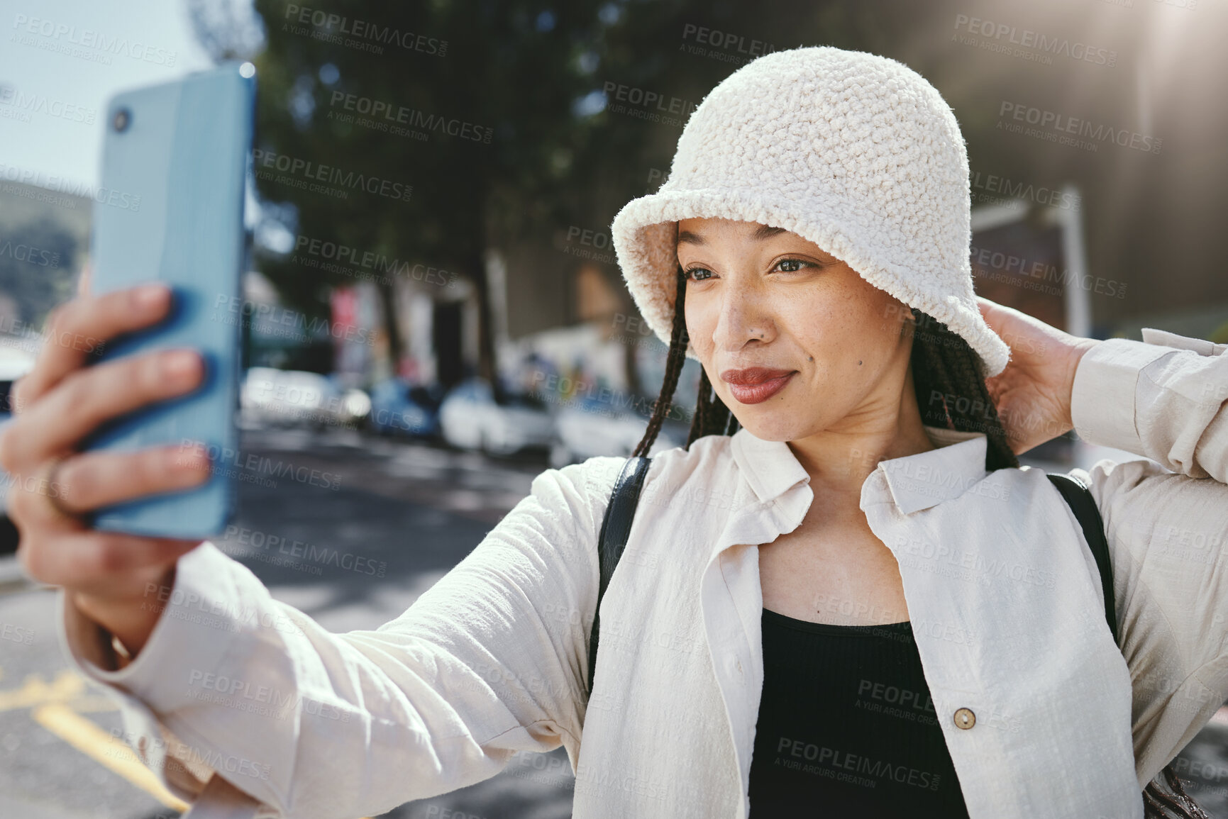 Buy stock photo Happy woman on street with selfie in city, travel holiday memory for social media and streetwear. Influencer, streamer or gen z girl with urban fashion, photography and smile for content creation.