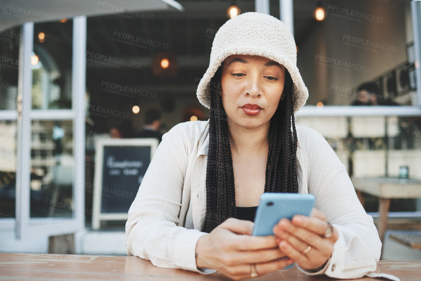 Buy stock photo Phone, woman and reading internet chat with technology and connection at outdoor coffee shop. Smartphone, person and networking or online scroll for information, conversation and texting with network