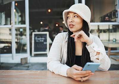 Buy stock photo Thinking, woman and phone for communication, social media and internet chat with technology or connectivity. Smartphone, person and connection or online scroll for information, conversation and text 