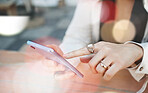 Person, hands and phone in social media, research or online networking and browsing on table. Closeup of blogger or journalist typing, texting or chatting on mobile smartphone app for communication