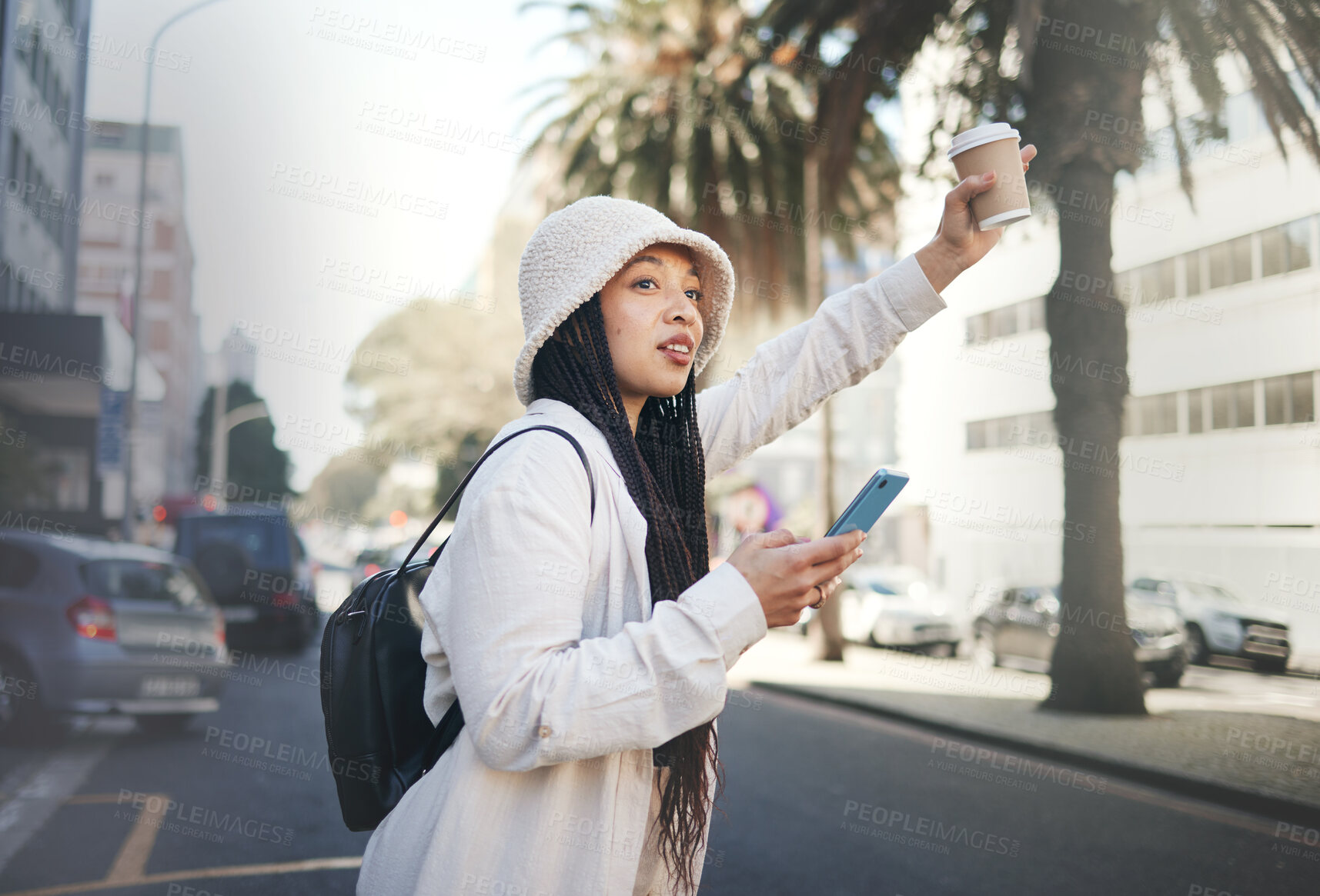 Buy stock photo Road, taxi wave and woman with travel, coffee and phone with waiting in New York. Vacation, city street and urban with a female person with traveling and vacation on a trip for holiday adventure