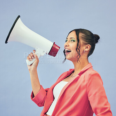 Buy stock photo Megaphone, speech and face of happy woman in studio with announcement, deal or promo on blue background. Microphone, noise and female speaker with bullhorn for attention, information or voice vote 