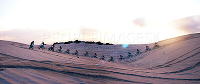 Buy stock photo Banner, sunset and bikers in nature for travel, group exercise and fitness. Team, sports and people, racer or friends with motorbike, cycling and adventure on a holiday for training in the desert