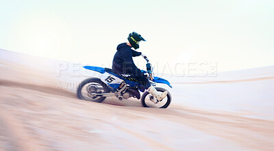 Buy stock photo Sports, desert and athlete on motorbike for action, adrenaline and skill training for challenge, Fitness, sand dunes and man biker practicing for race, competition or performance adventure at a rally