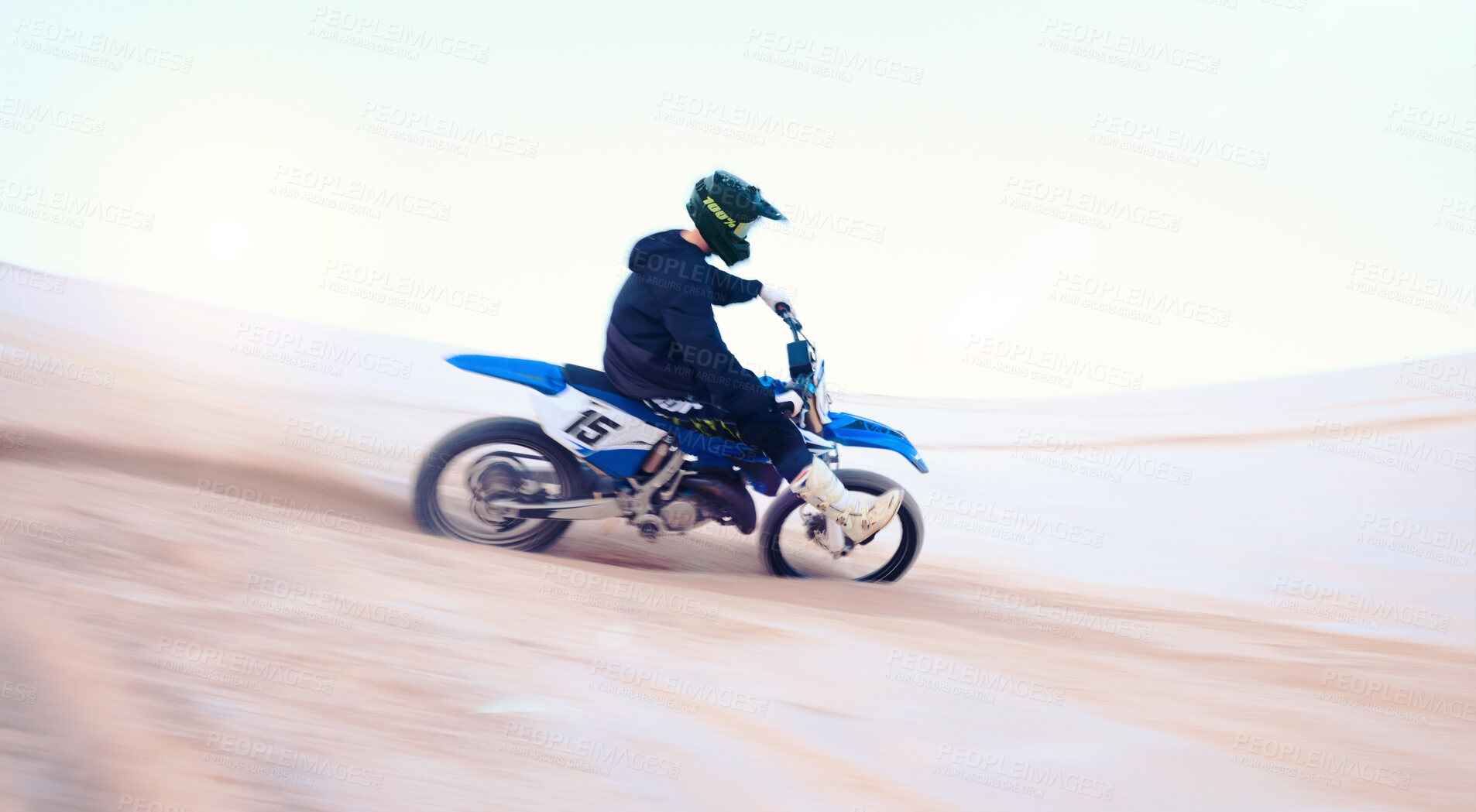 Buy stock photo Sports, desert and athlete on motorbike for action, adrenaline and skill training for challenge, Fitness, sand dunes and man biker practicing for race, competition or performance adventure at a rally