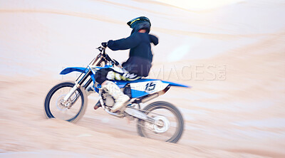 Buy stock photo Dirt, motorbike and athlete with speed in sports, adventure and driving on desert, sand dune and outdoor riding in nature. Extreme sport, bike or motorcycle drive with helmet, gear or man in action