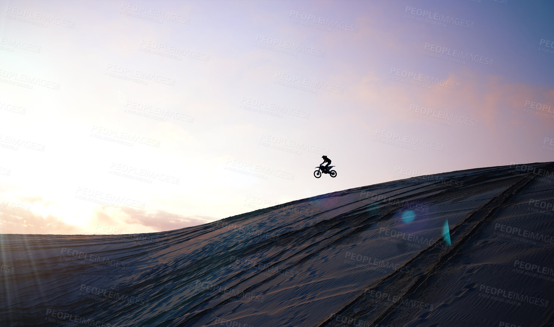 Buy stock photo Motorcycle, person and jump for training or sports with fitness, balance or challenge in nature on mock up space and sky. Bike, freedom and adventure for competition, exercise or talent in desert