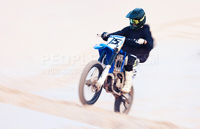 Buy stock photo Sand, hill or athlete with motorbike for action, adventure or fitness with performance for adrenaline. Fast, speed or sports person on motorcycle on dunes for training, exercise or race or challenge