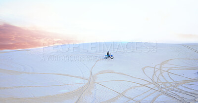 Buy stock photo Nature, sand or athlete driving motorbike for action, adventure or fitness with wellness or adrenaline. Workout, hill or sports driver on motorcycle on dunes in training, exercise or race challenge