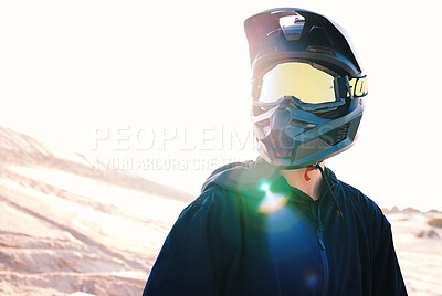 Buy stock photo Helmet, flare and an off road biker outdoor for a race, competition or adrenaline in summer. Freedom, energy and adventure with a sports rider on a course for power or speed in a reflective visor