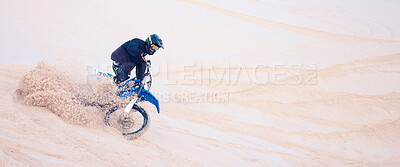 Buy stock photo Motorcycle, person and extreme sport in desert for training with fitness, balance or challenge in nature on mock up space. Bike, freedom and adventure for competition and talent with safety gear