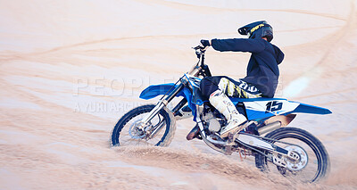 Buy stock photo Sports, desert and athlete on bike for fitness, adrenaline and skill training for challenge. Action, dunes and man biker practicing for race, competition or performance adventure at off road rally.