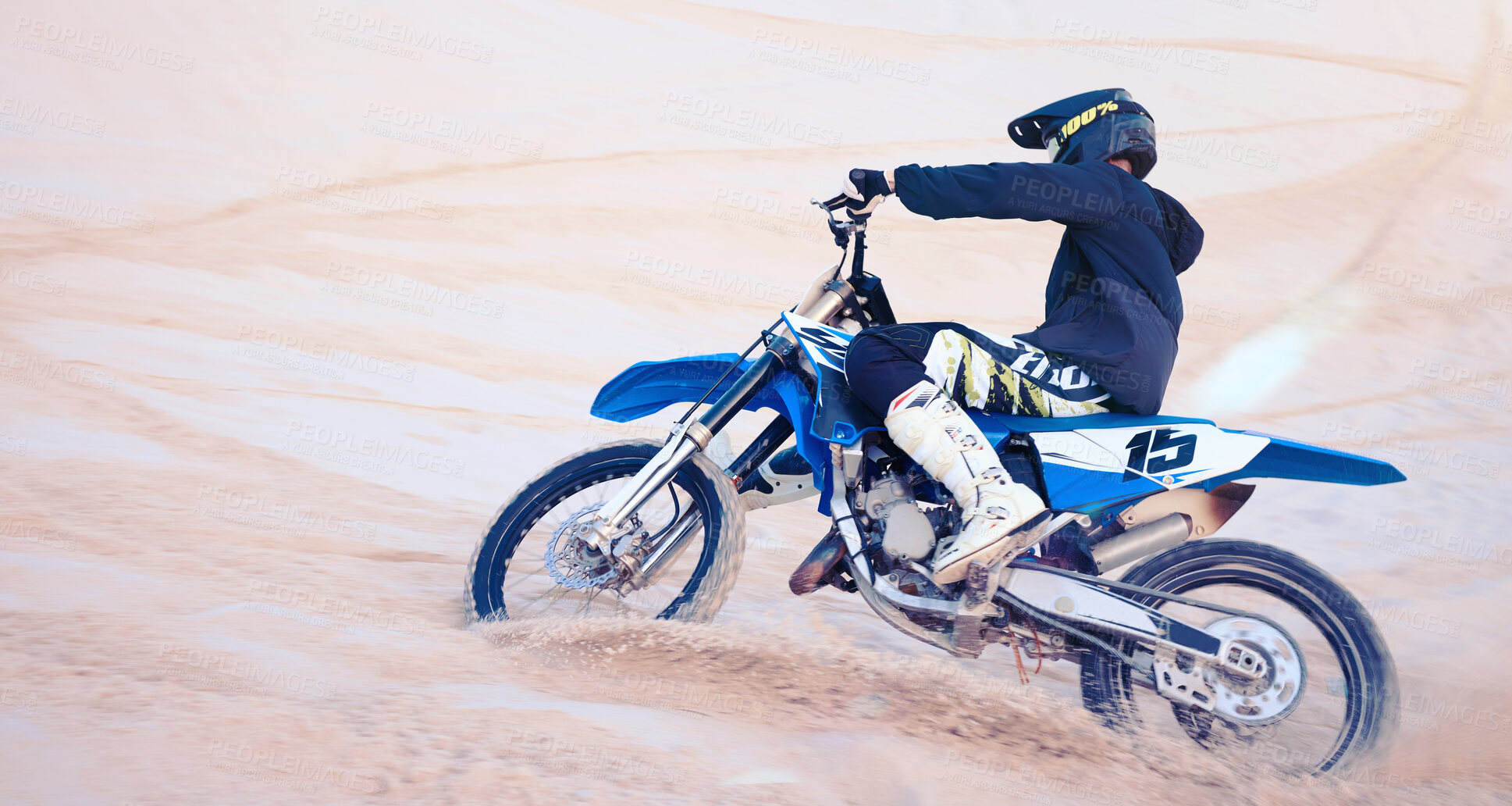 Buy stock photo Sports, desert and athlete on bike for fitness, adrenaline and skill training for challenge. Action, dunes and man biker practicing for race, competition or performance adventure at off road rally.