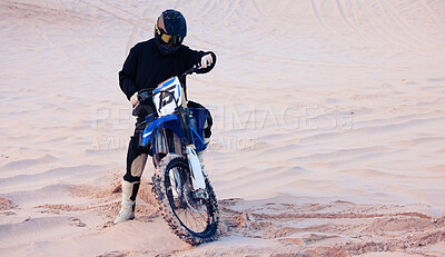 Buy stock photo Sand, rally or athlete driving motorcycle for action, adventure or fitness with performance or adrenaline. Desert, sports or person on motorbike on dunes for training, exercise or race or challenge