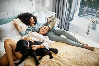 Buy stock photo Dog, bed and happy lesbian couple in home, morning and relax together reading book. Pet, bedroom and gay women with animal, bonding and play in healthy relationship, love connection and interracial