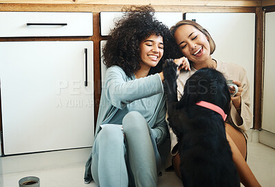 Buy stock photo Happy, couple or friends with dog in kitchen, home or relax with coffee, drink and eating breakfast on the floor of apartment. Women, playing and pet or animal in house with love and care for puppy