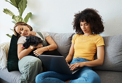 Buy stock photo Dog, laptop or lesbian couple in home to relax together in healthy relationship or love connection. Lgbtq, online or gay women with a pet animal to hug or bond on living room sofa for remote work