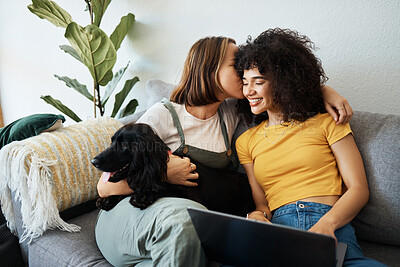 Buy stock photo Dog, laptop or gay couple kiss on sofa to relax together in healthy relationship love connection. Whisper, home or happy lesbian women with a pet animal to bond on living room couch for remote work