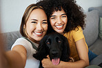 Dog, portrait or lesbian couple in selfie in home to relax together on social media for profile picture or memory. Lgbtq, pet animal or happy gay women smile in photo with bond or care in living room