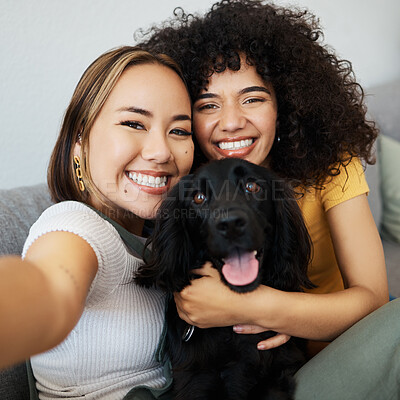 Buy stock photo Dog, portrait or lesbian couple in selfie in home to relax together on social media for profile picture or memory. Lgbtq, pet animal or happy women smile in photo with bond or care in living room