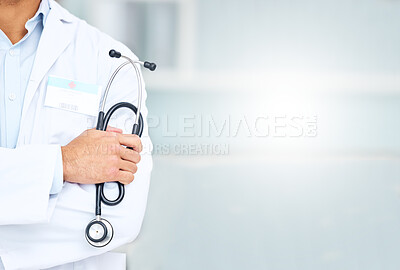 Buy stock photo Closeup, mockup space and doctor with stethoscope, man and medicine with surgeon, physician and hospital. Zoom, person or hand with healthcare professional, medical equipment and employee with career