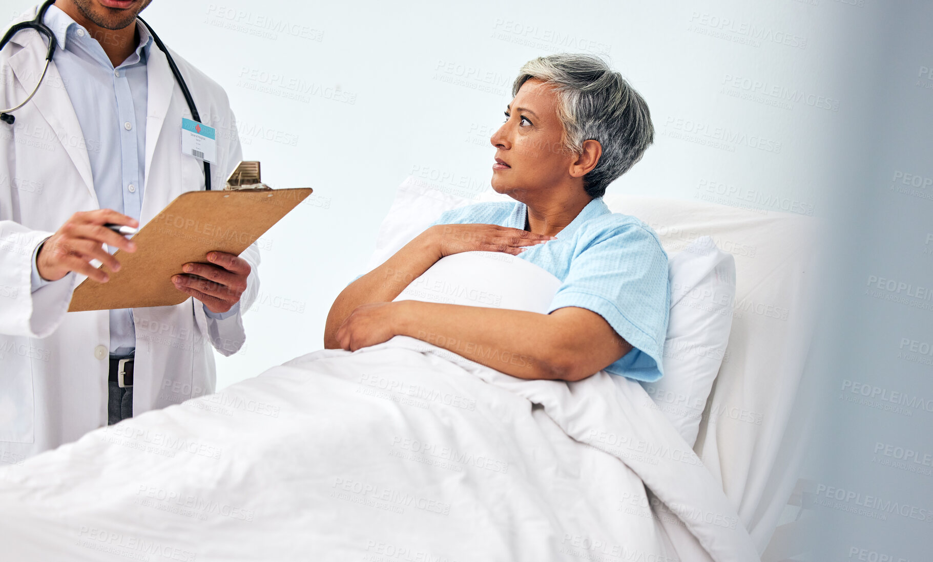 Buy stock photo Woman in bed, doctor with medical chart and checklist for health insurance, consultation and diagnosis advice. Stress in hospital, healthcare professional with patient information, results and talk.