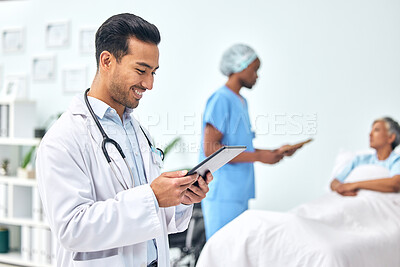 Doctor with tablet, chart and woman in bed, nurse with checklist for health insurance, consultation and advice. Hospital, healthcare professional with patient information, online results and smile.