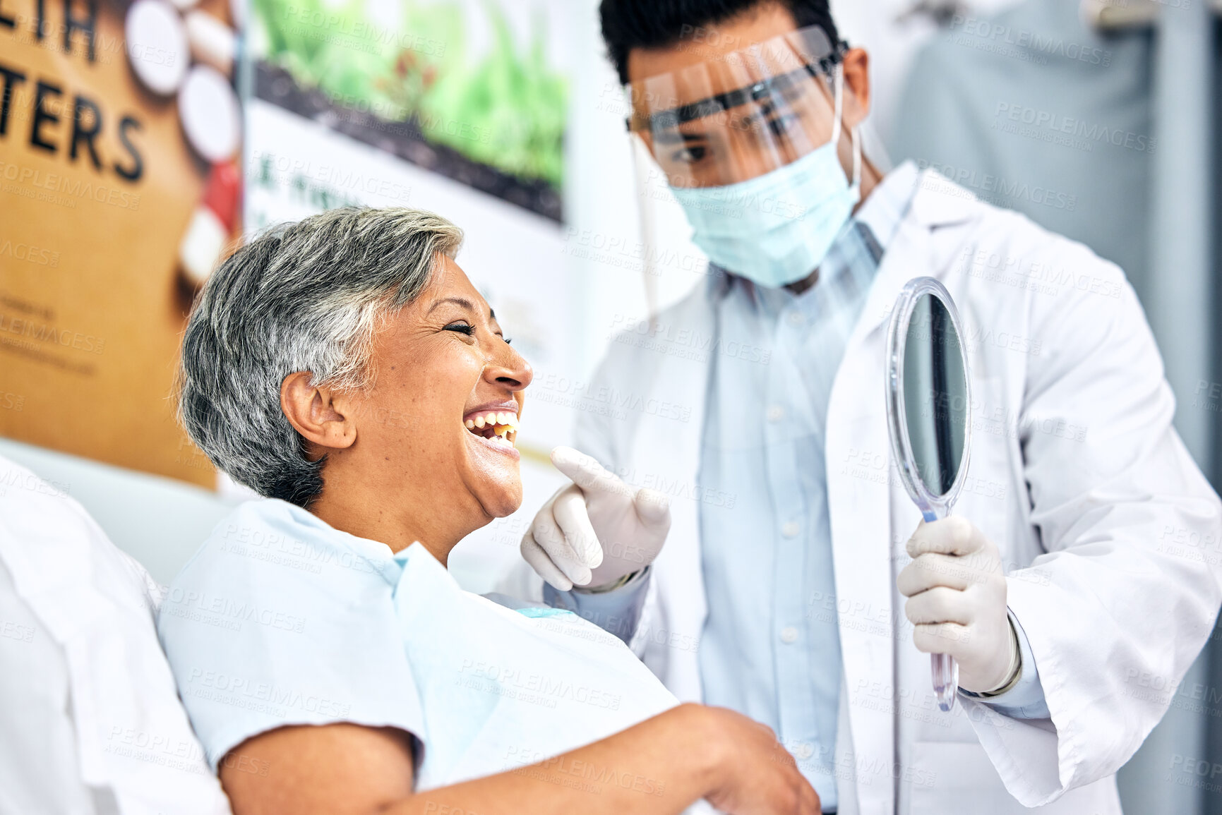 Buy stock photo Dental, healthcare or mirror with a dentist and patient consulting in an oral hygiene appointment. Teeth, cleaning and mature woman client at the orthodontist for a medical checkup to prevent decay