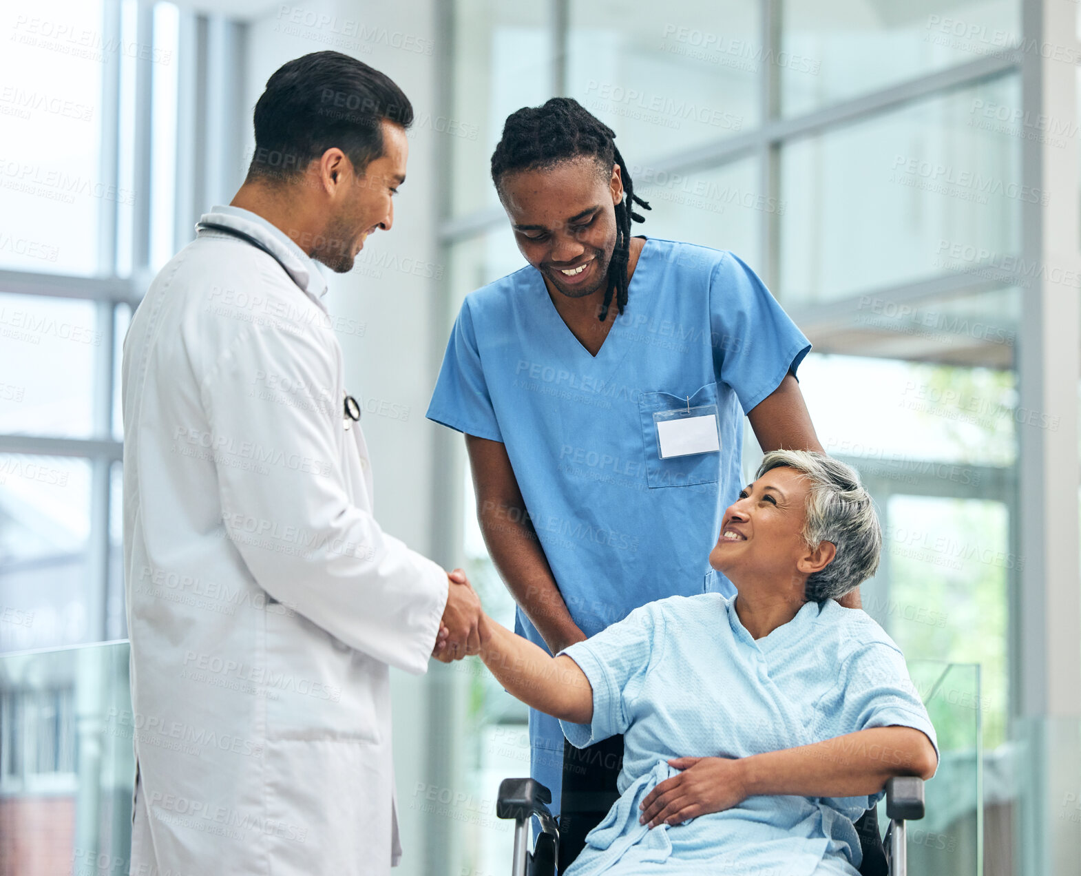 Buy stock photo Handshake, hospital and surgery doctor with patient or wheelchair user for thank you, medical or consulting. Support, physiotherapy and rehabilitation with people in clinic for healthcare and meeting