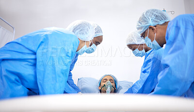 Buy stock photo Patient, hospital and surgeon team with bed for emergency, healthcare or medical procedure. Doctors with a man to start collaboration, healing or surgery and operation with support and scrubs in ICU