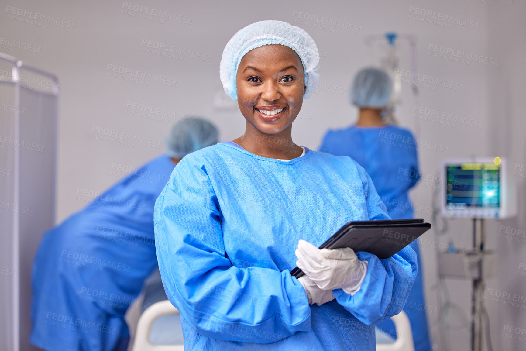 Buy stock photo Smile, portrait and a black woman in surgery with a tablet for information, research and a schedule. Happy, hospital and an African surgeon or nurse with technology in a theater for communication