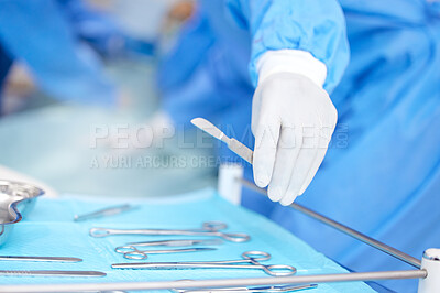 Buy stock photo Hand, surgeon and metal tools for surgery in hospital, medical treatment and healthcare with help. Doctor person with equipment for procedure, scalpel and scissors, health and closeup for operation