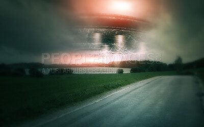 Buy stock photo UFO, spaceship and countryside with alien in sky for fantasy or science fiction event in nature, field or landscape with clouds. Earth, aliens and extraterrestrial drone in environment with blur