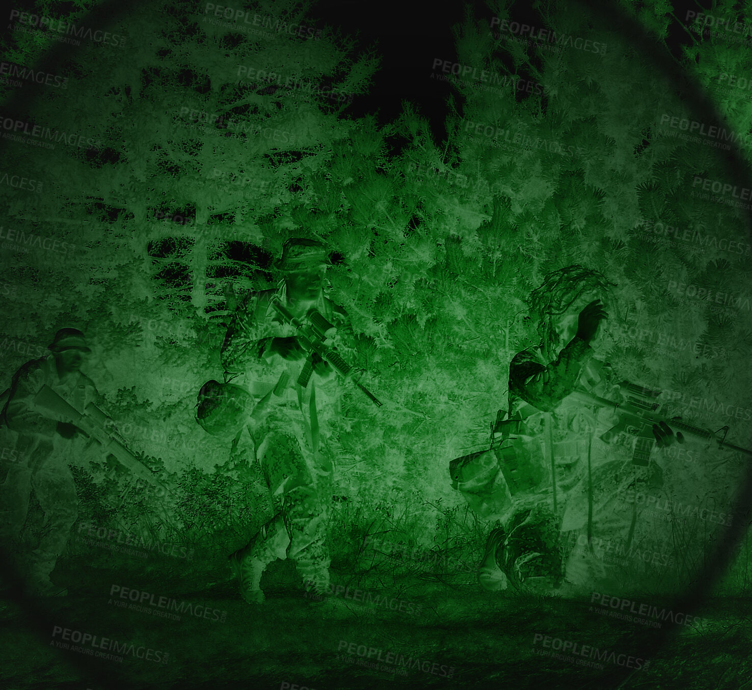 Buy stock photo Night vision, military and soldiers of army outdoor with security at war with green light. Search, surveillance and teamwork with scope and mission with agency working of spy job and sniper target