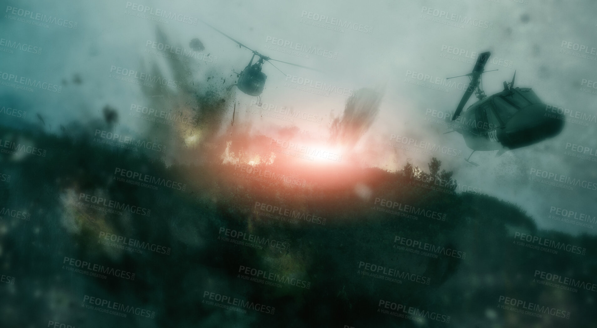 Buy stock photo Helicopter, warzone and apocalypse with explosion on battlefield for missile, army and bomb launch. Warrior, solider and target with fight in city for military mission, rocket and nuclear attack