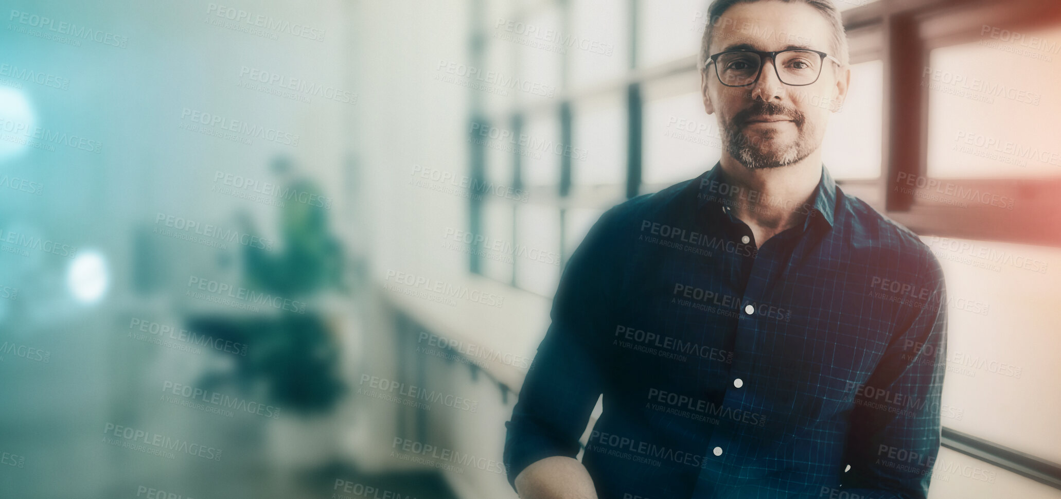 Buy stock photo Portrait, mockup and professional man, designer or expert with job experience, career or startup agency work. Advertising company light, pride and creative person confident in design business 