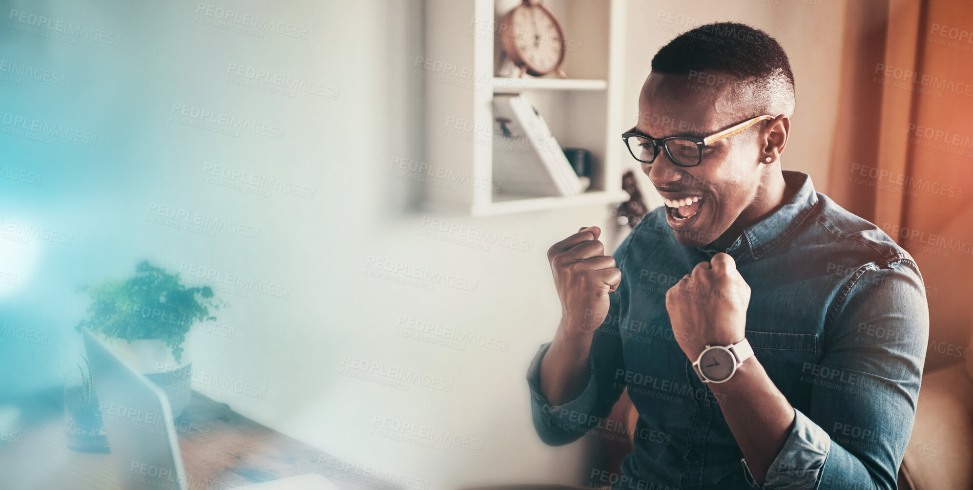 Buy stock photo Businessman, winning and celebration on laptop with achievement in freelance or remote work deal and bonus for success. Wow, surprise or happy employee excited for promotion or online feedback