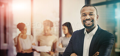 Buy stock photo Business man, smile and portrait with leadership, working and work confidence in a office. African male professional, manager and happy worker in a corporate workplace with arms crossed and staff