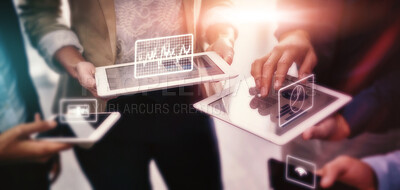 Buy stock photo Hologram, tablet and business people with technology for social networking, connection and contact. Mockup, overlay and hands with phone and digital tech for internet, website and online research