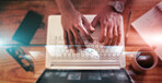 Future technology, hands typing on laptop from above, business person online at desk with web. Overlay, communication and networking, man writing email for global connectivity on computer keyboard.