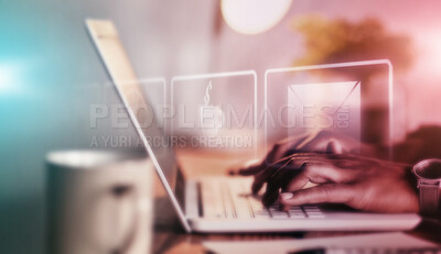 Buy stock photo Email, hands typing on laptop with overlay, business person online at desk with icon for connection. Technology, communication and networking, worker writing report or business feedback on computer.