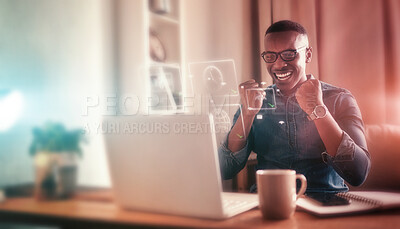 Buy stock photo Winning, businessman and celebration on laptop with hologram online, coding or remote work achievement in programming. Wow, surprise or happy employee excited for virtual success with internet