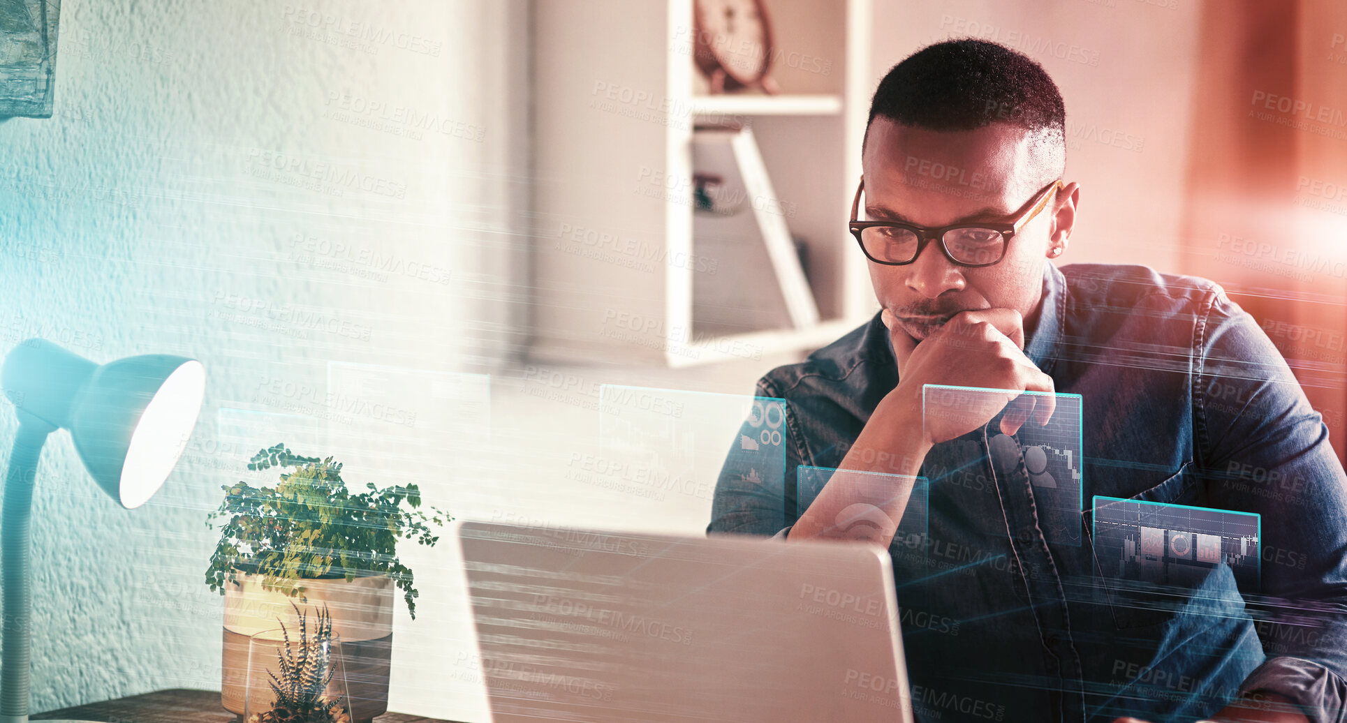 Buy stock photo Overlay, thinking and business black man on laptop in home office for planning, website and stock trading. Remote work, hologram and person with ideas, statistics  and data analytics on computer