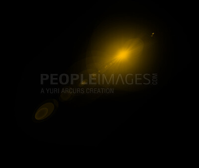 Buy stock photo Light, neon and yellow spark on black background for sparkle, glitter and abstract design. Magic overlay, creative mockup space and isolated star for illustration, art wallpaper and glowing pattern