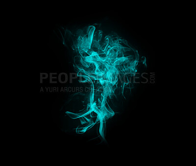 Buy stock photo Blue smoke, aura and cloud with gas fog, pattern and creative art with black background and magic effect. Steam, mystical swirl and mist and color of smoking with air, abstract creativity in studio