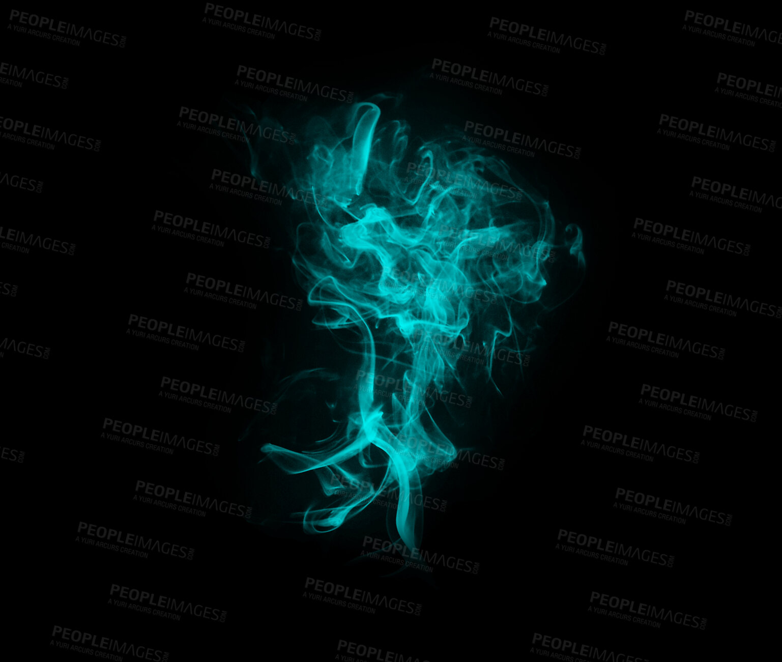 Buy stock photo Blue smoke, aura and cloud with gas fog, pattern and creative art with black background and magic effect. Steam, mystical swirl and mist and color of smoking with air, abstract creativity in studio