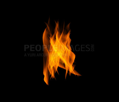 Buy stock photo Orange fire, gas and flame on black background with texture, pattern and burning energy. Light, fuel and flare isolated on dark wallpaper design, explosion at bonfire, thermal power or inferno glow.